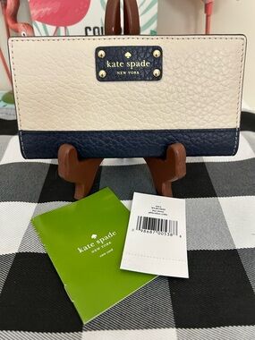kate spade Cream and Navy Leather Continental Wallet with Gold Plaque